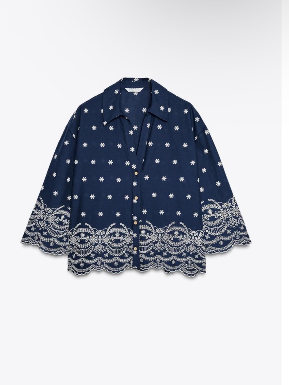 Zara Navy Button-Front Embroidered Eyelet Hem Shirt NWOT